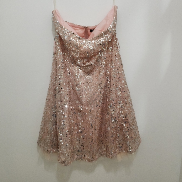 Potter's Pot fit and flare pink sequin strapless mini dress - Picture 2 of 5